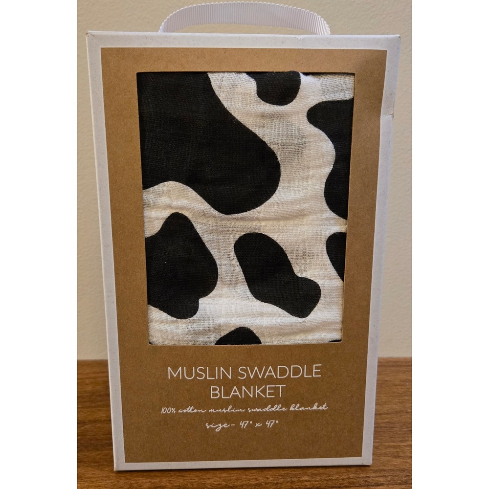Mud Pie Cow Print Muslin Swaddle Blanket Black White 100% Cotton 47x47 NEW